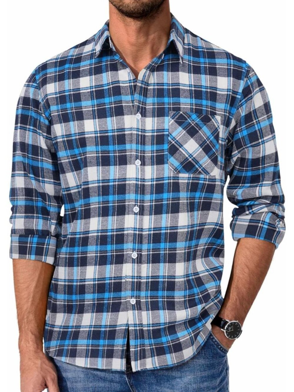 Men's Blue White Polyester Blend Long Sleeve Casual Flannel Button Down Shirt